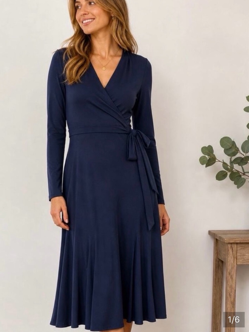Boden Elegant Navy Long Sleeve Wrap Midi Dress - Size 14R Classic Comfy Preppy
